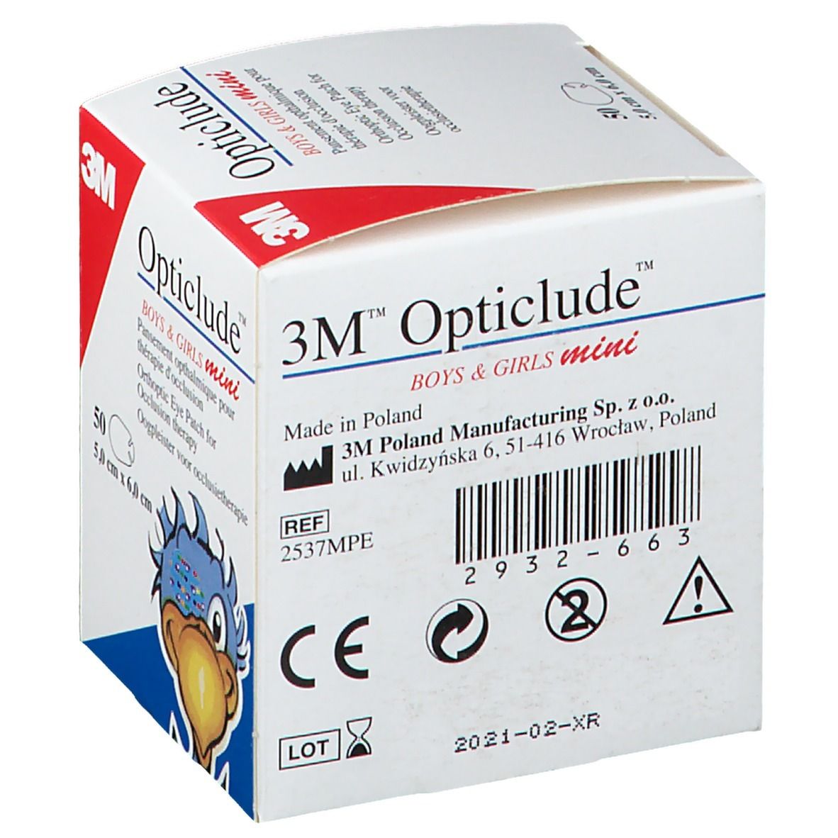 Karton mit 50 Augenpflastern. Aufdruck: 3M Opticlude Boys & Girls mini. Mit CE-Kennzeichnung.