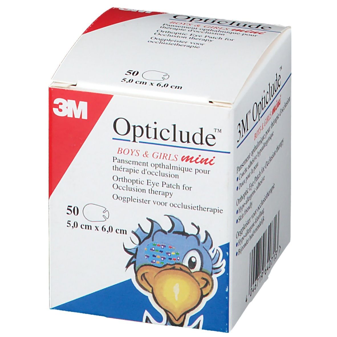 Karton mit 50 Augenpflastern. Aufdruck: 3M Opticlude Boys & Girls mini. Mit Illustration.