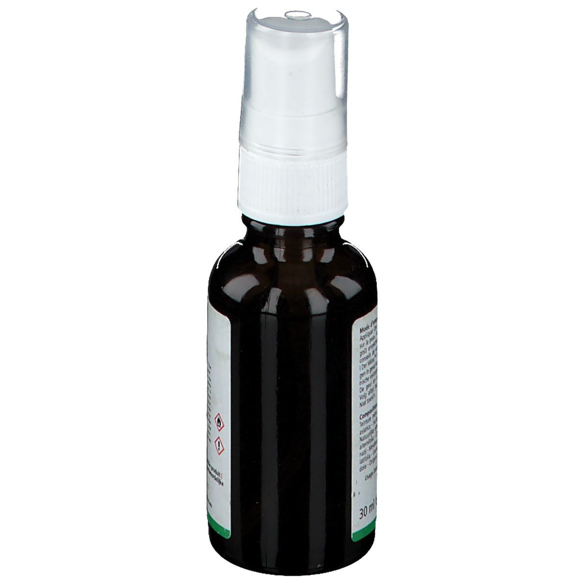 Flacon en verre brun avec vaporisateur. Étiquette avec informations produit et texte. 30 ml.