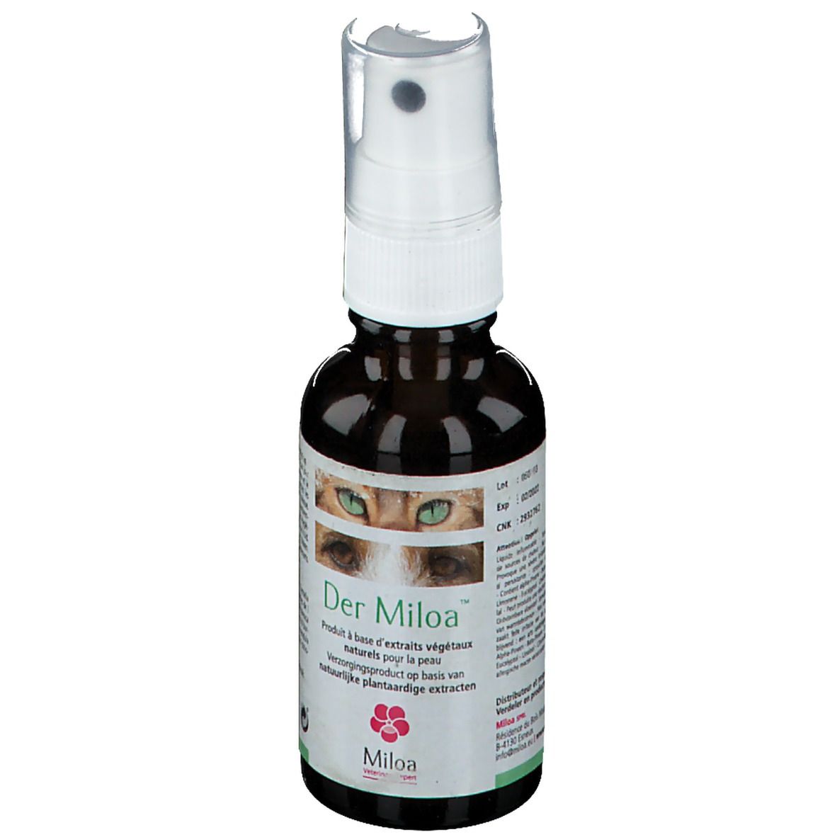 Flacon en verre brun avec vaporisateur. Inscription "Der Miloa". Étiquette avec motif d'yeux de chat et informations produit.