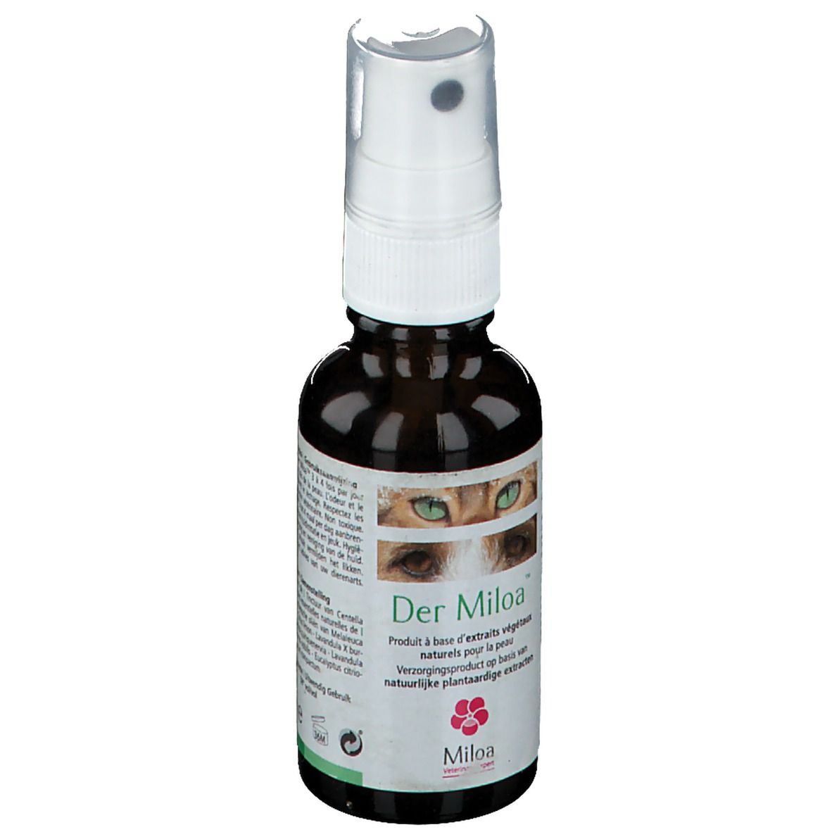 Flacon en verre brun avec vaporisateur. Inscription "Der Miloa". Étiquette avec motif d'yeux de chat et informations produit.