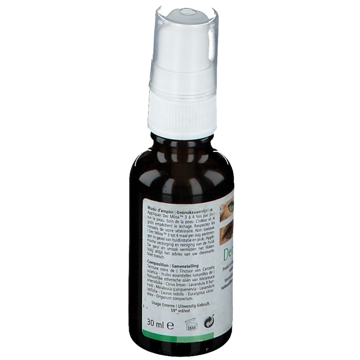 Flacon en verre brun avec vaporisateur. Étiquette avec informations produit et texte. 30 ml.