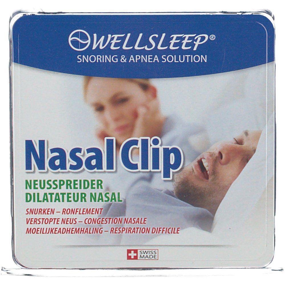 Verpakking met Nasal Clip. Opschrift: Wellsleep, Nasal Clip, Swiss Made. Illustratie van een slapende persoon.