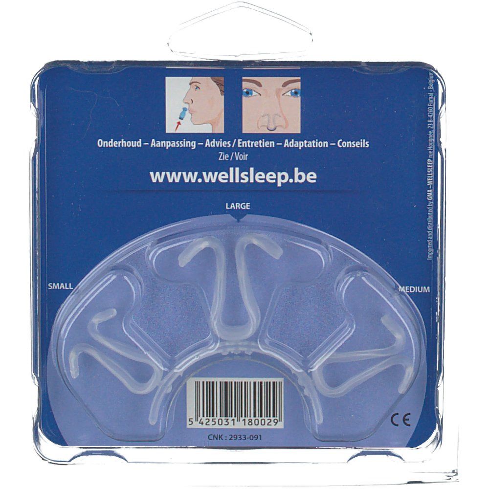 Transparante neusclips in plastic verpakking. Maten: Small, Medium, Large. Website: www.wellsleep.be.