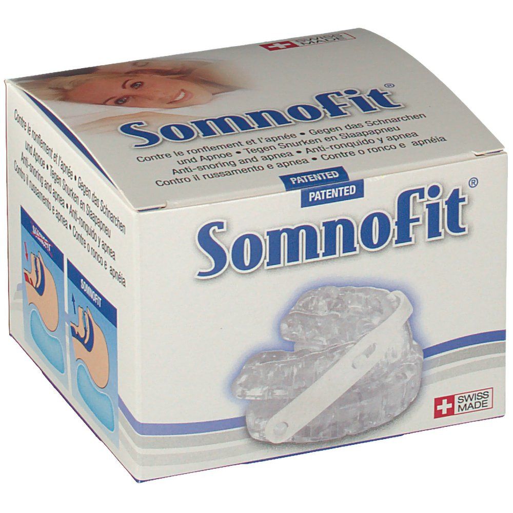 Somnofit®-Box. Enthält eine transparente, zahnmedizinische Vorrichtung. Schweizer Kreuz und "Swiss Made"-Logo.
