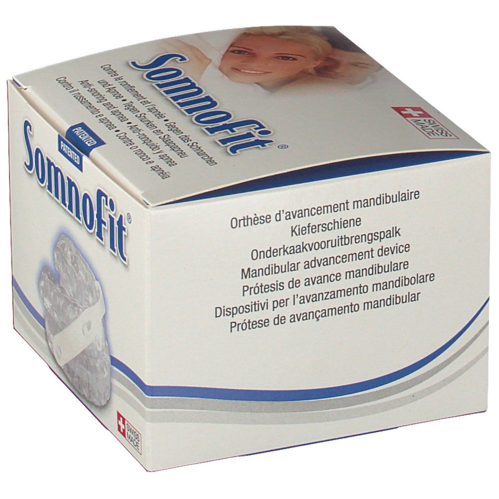 Somnofit®-Box. Zeigt eine transparente, zahnmedizinische Vorrichtung. Aufdruck: Kiefernschiene.