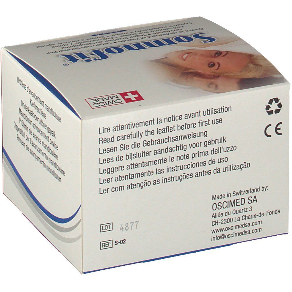 Somnofit®-Box. Rückseite mit Text: "Lesen Sie die Gebrauchsanweisung". CE-Kennzeichnung und Herstelleradresse.