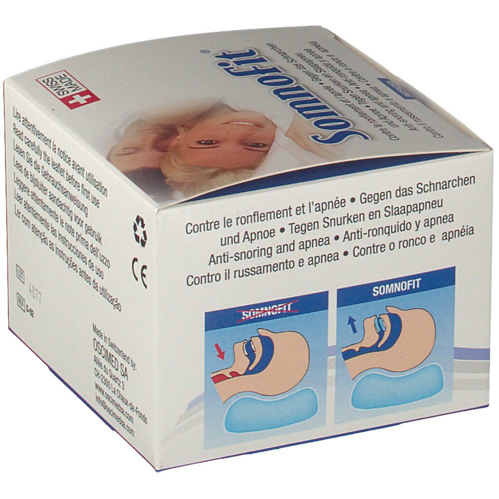 Somnofit®-Box. Seitenansicht mit Illustrationen zur Anwendung. Text: Gegen Schnarchen und Apnoe. CE-Kennzeichnung.