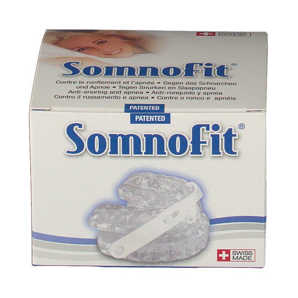 Somnofit®-Box. Enthält eine transparente, zahnmedizinische Vorrichtung. Schweizer Kreuz und "Swiss Made"-Logo.