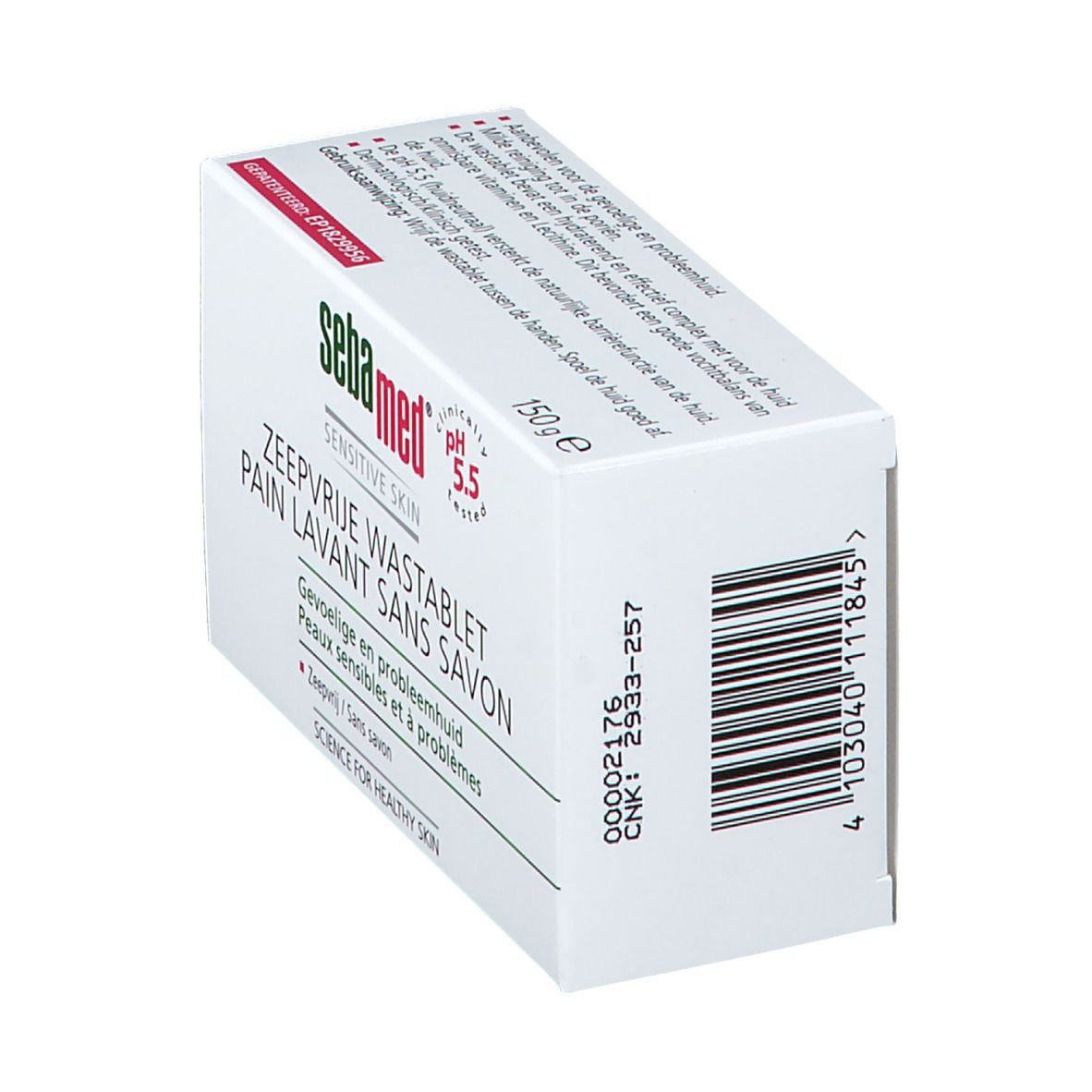Boîte blanche vue en biais. Nom du produit et indication du pH visibles. Code-barres et autres informations au dos.