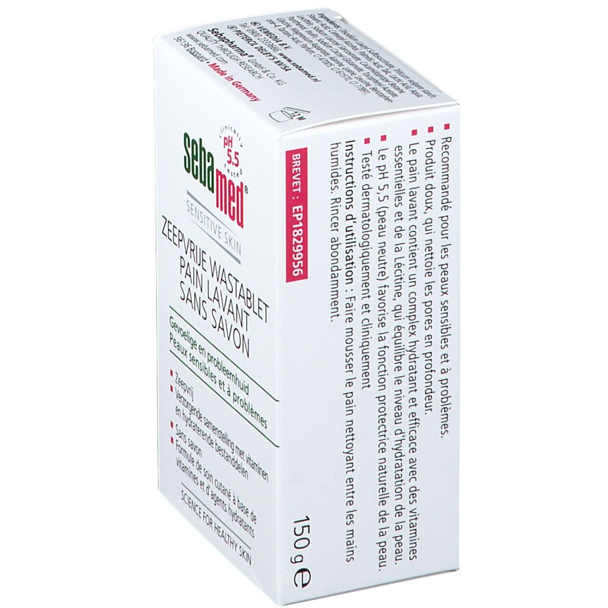 Boîte blanche vue en biais. Nom du produit et indication du pH visibles. Texte en allemand, français et néerlandais.