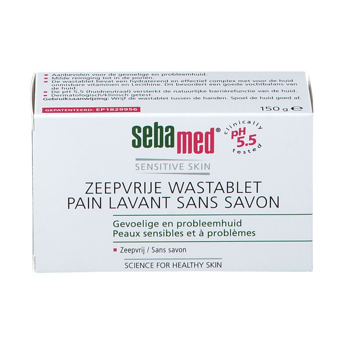 Boîte blanche avec nom du produit et indication du pH. Texte en allemand, français et néerlandais. Testé cliniquement.