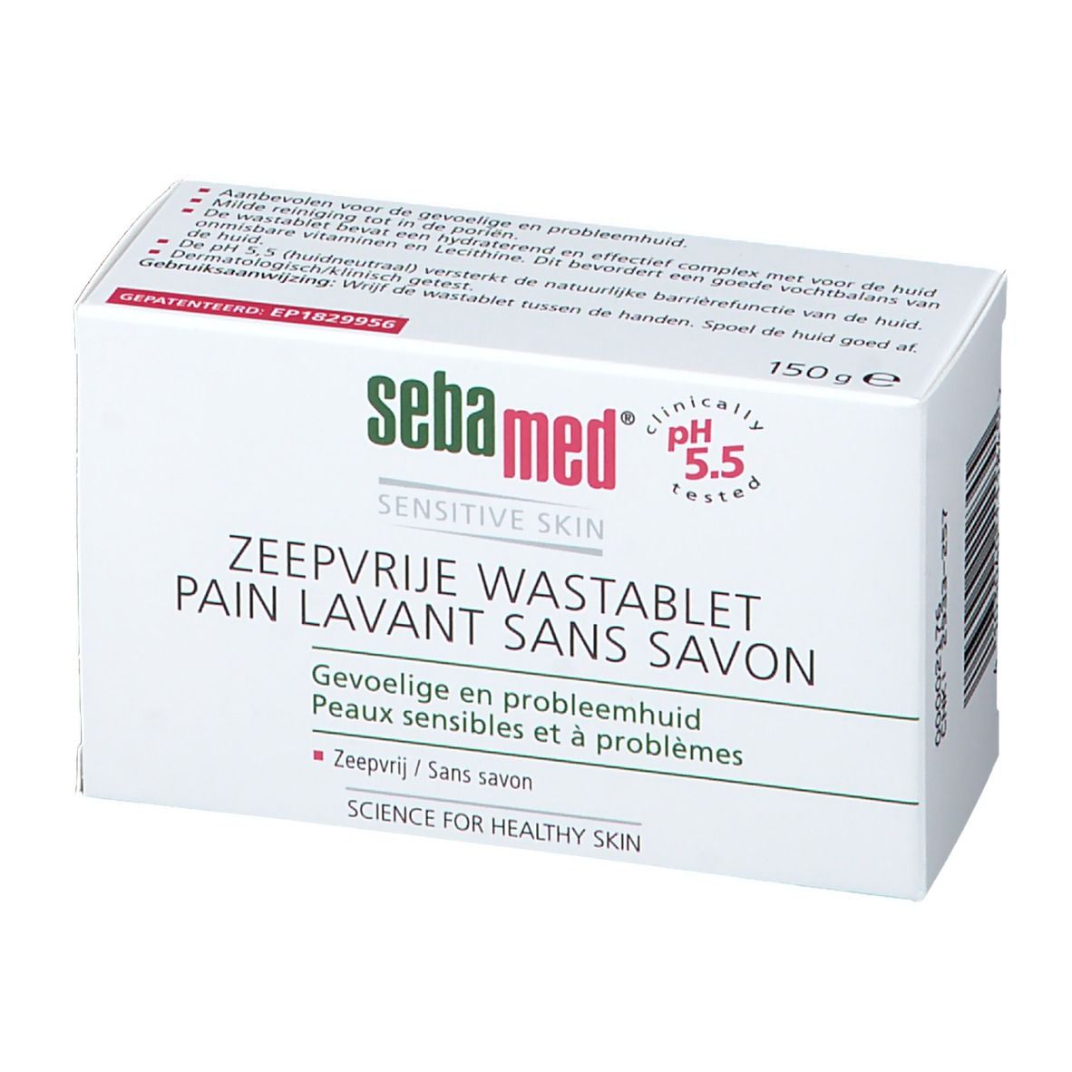 Boîte blanche avec nom du produit et indication du pH. Texte en allemand, français et néerlandais. Testé cliniquement.