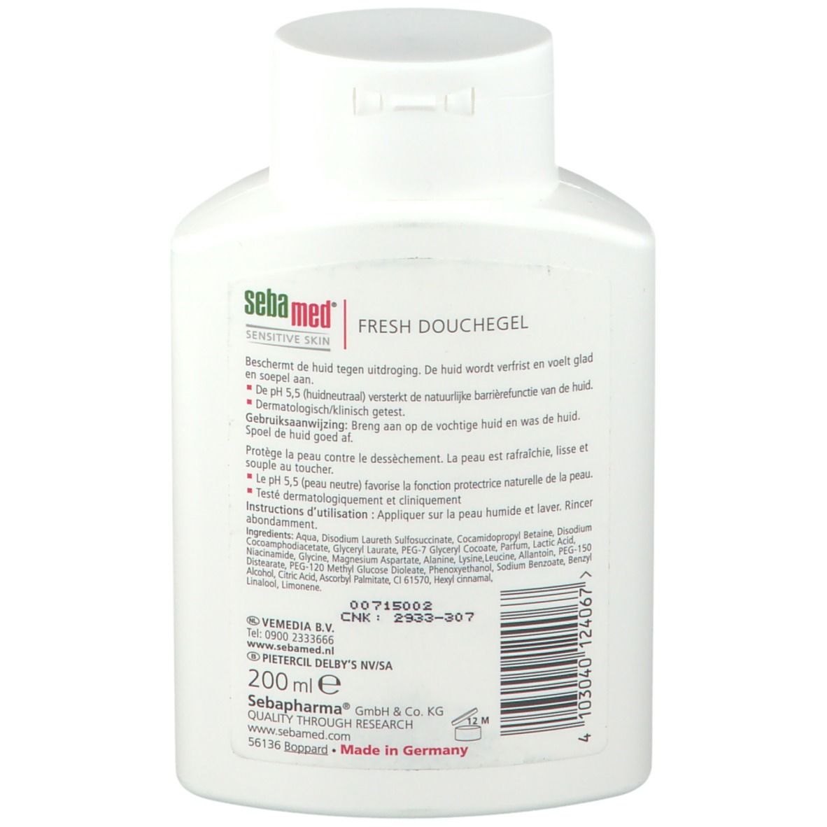 Dos du Sebamed Duschgel. Contient du texte multilingue, des ingrédients et des informations sur le fabricant.