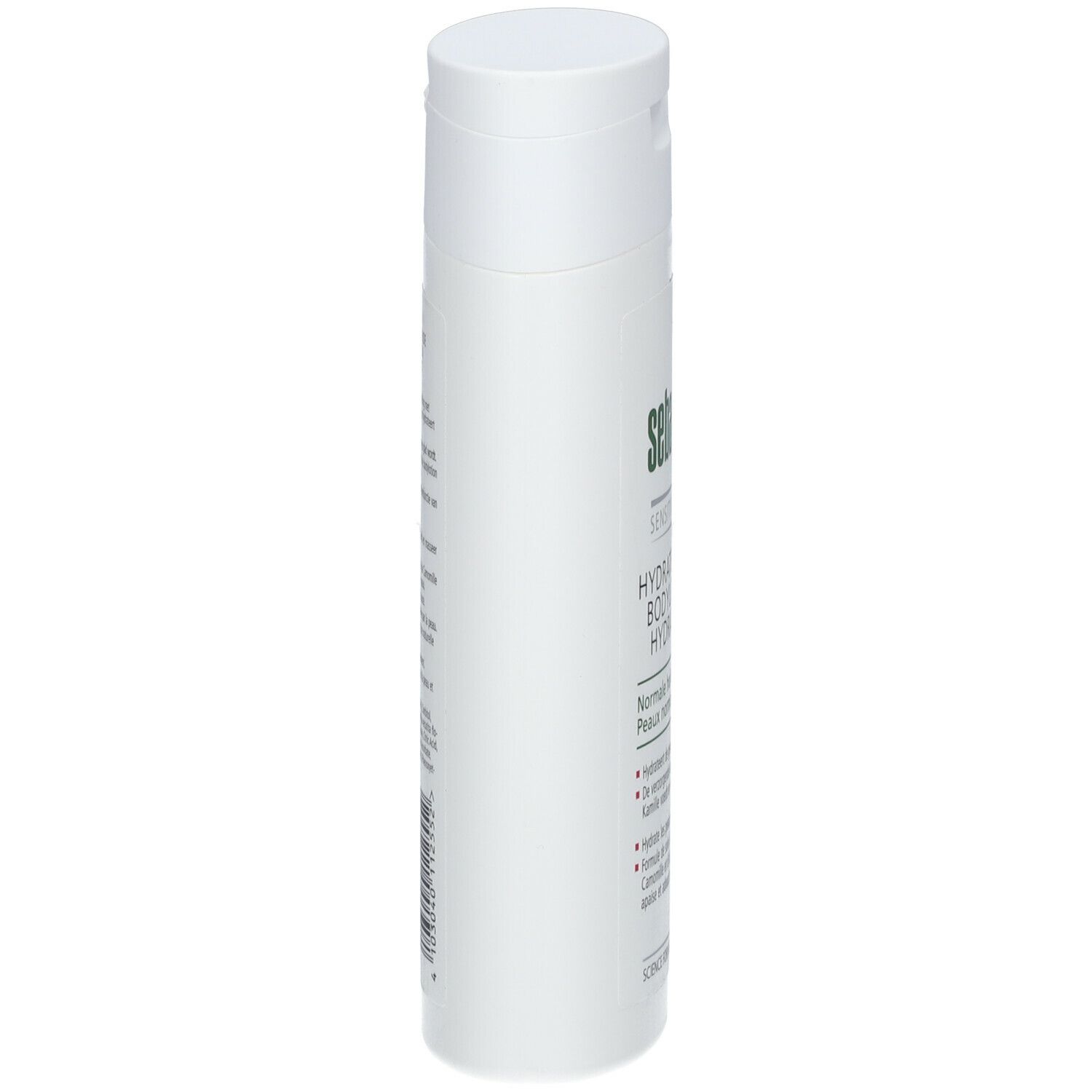 Witte fles "sebamed" Bodylotion. Zijaanzicht. Tekst in het Duits en Nederlands. pH 5.5. Voor gevoelige huid.