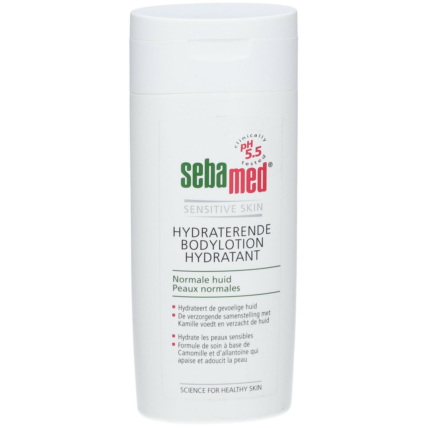 Witte fles "sebamed" Bodylotion. pH 5.5. Voor gevoelige huid. Tekst in het Duits en Nederlands. Productbeschrijving.