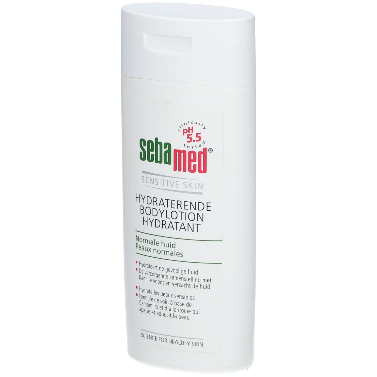 Witte fles "sebamed" Bodylotion. pH 5.5. Voor gevoelige huid. Tekst in het Duits en Nederlands. Productweergave.