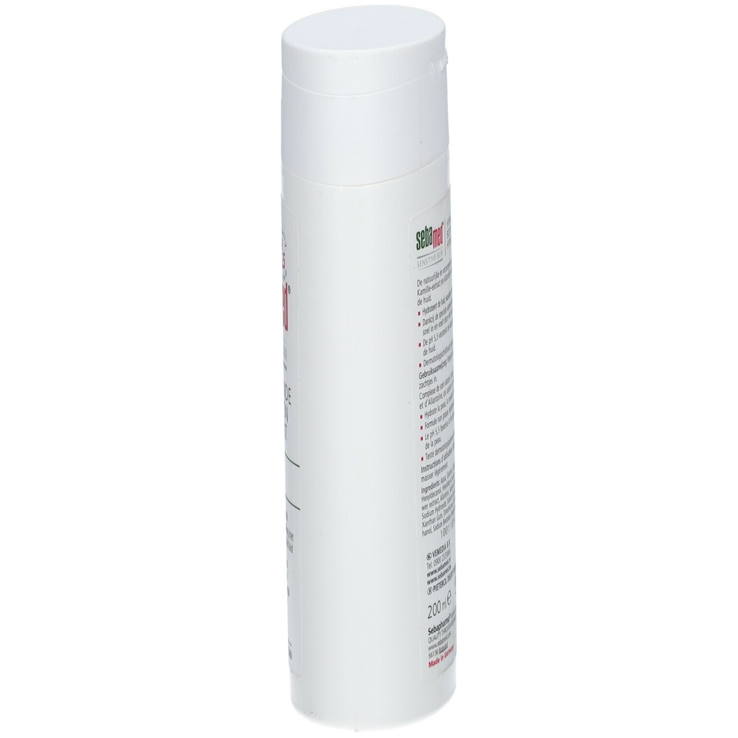 Witte fles "sebamed" Bodylotion. Zijaanzicht. Tekst in het Duits en Nederlands. 200 ml. Productbeschrijving.