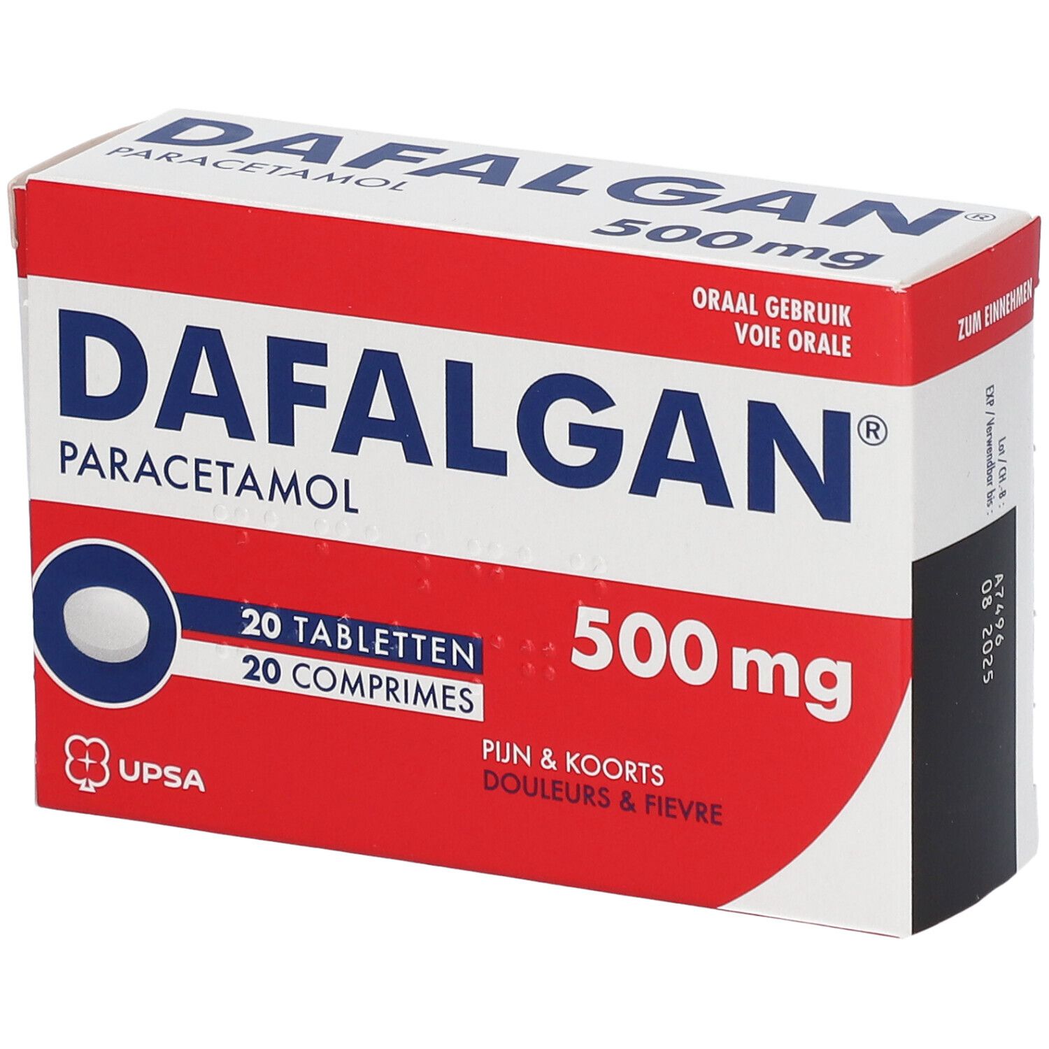 Dafalgan 500mg doos. Rood en wit, productnaam, paracetamol, 20 tabletten, 500mg. Ovale tablet afgebeeld.