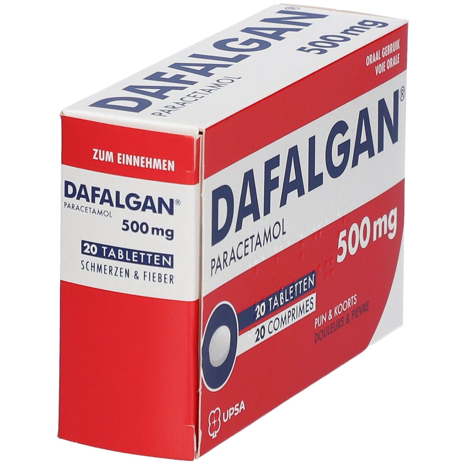 Dafalgan 500mg doos. Rood en wit, productnaam, paracetamol, 20 tabletten, 500mg. Hoekige weergave.