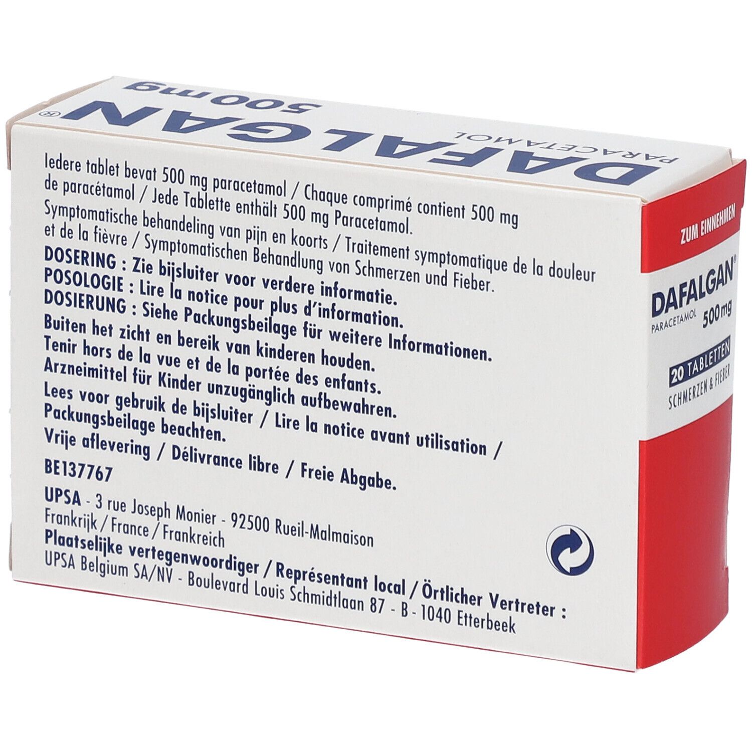 Achterkant van de Dafalgan 500mg verpakking. Meertalige tekst, ingrediënten, dosering, fabrikantinfo, batchnummer.