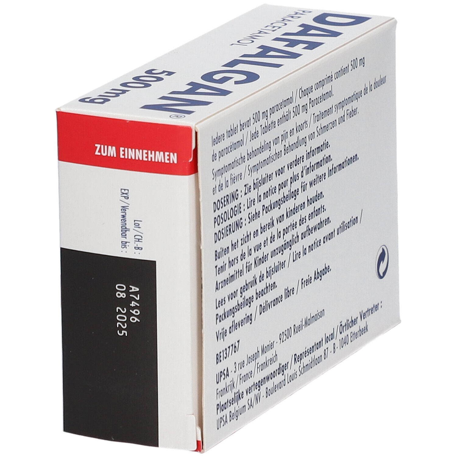 Zijaanzicht van de Dafalgan 500mg verpakking. Tekst, batchnummer, vervaldatum. Rode en witte kleuren.