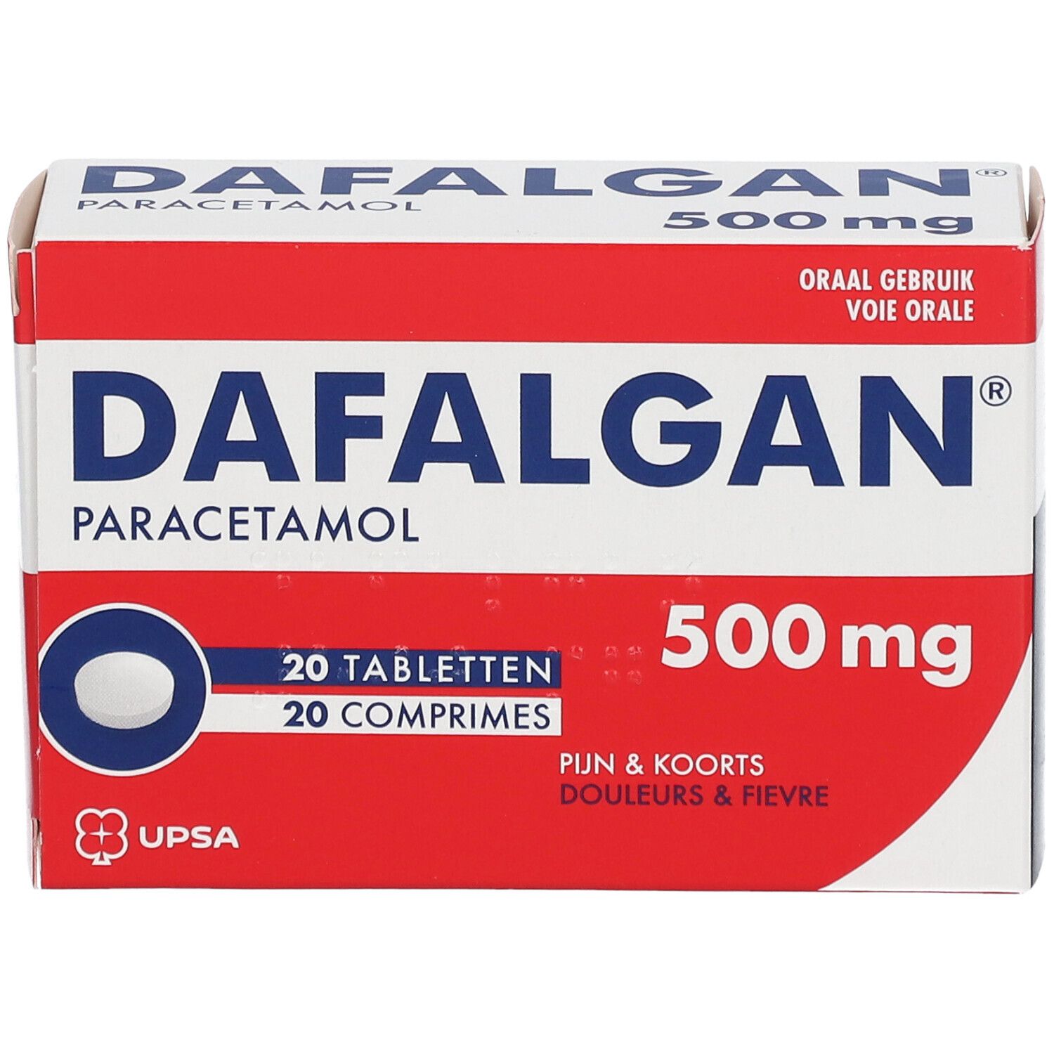 Dafalgan 500mg doos. Rood en wit, productnaam, paracetamol, 20 tabletten, 500mg. Ovale tablet afgebeeld.