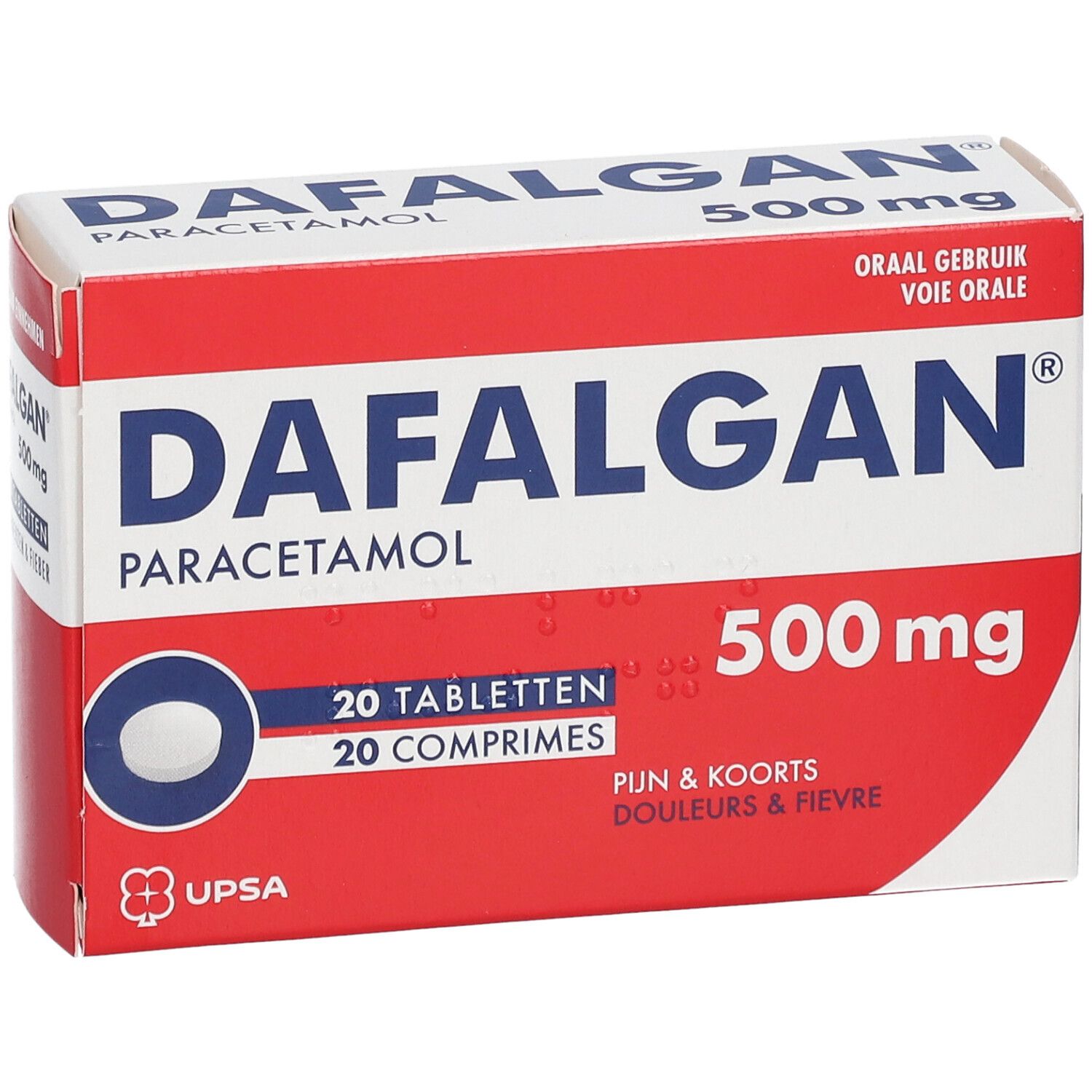 Dafalgan 500mg doos. Rood en wit, productnaam, paracetamol, 20 tabletten, 500mg. Ovale tablet afgebeeld.