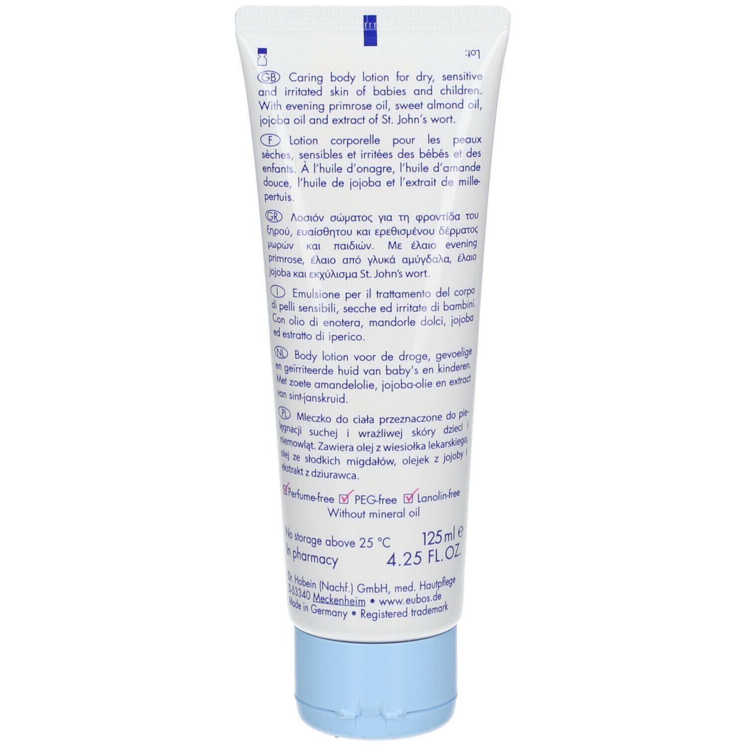 Dos du tube. Texte multilingue, ingrédients et informations fabricant.