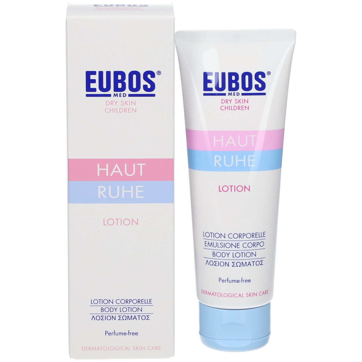 Produit et emballage. Tube et boîte avec logo EUBOS et "HAUT RUHE LOTION".