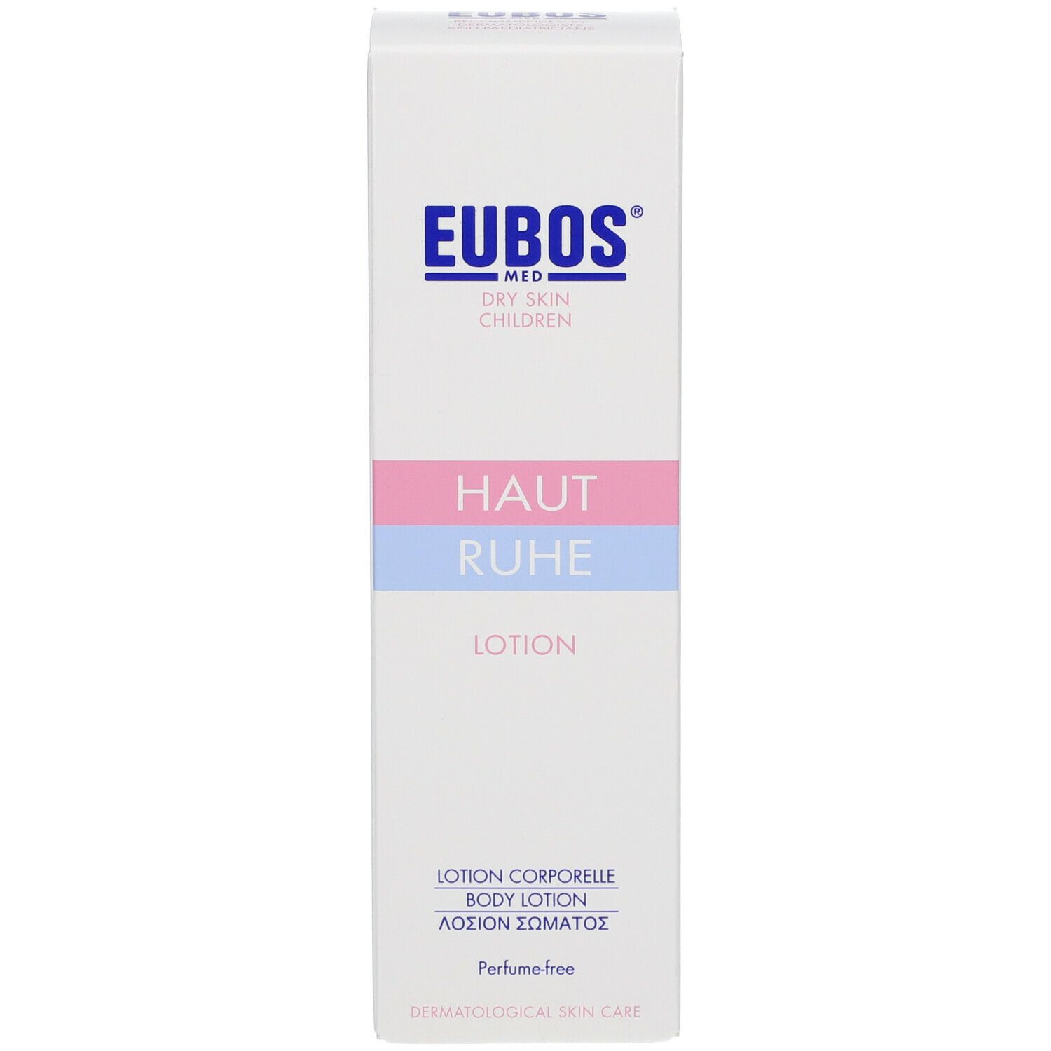 Boîte blanche avec logo EUBOS et texte "HAUT RUHE LOTION".