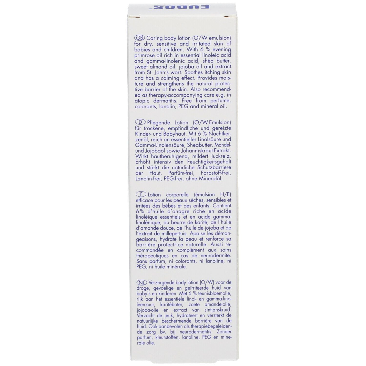 Côté de la boîte. Description du produit en plusieurs langues.