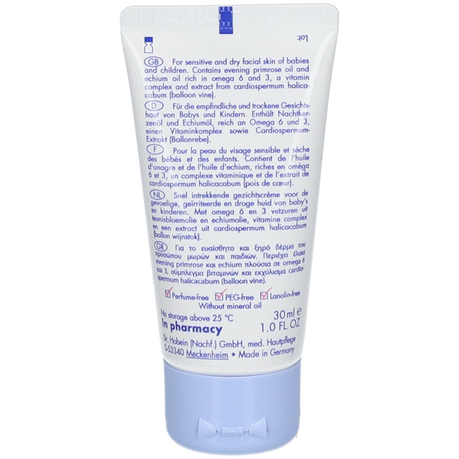 Dos du tube de crème Eubos Haut Ruhe. Texte multilingue. Contient des informations sur les ingrédients et l'utilisation.