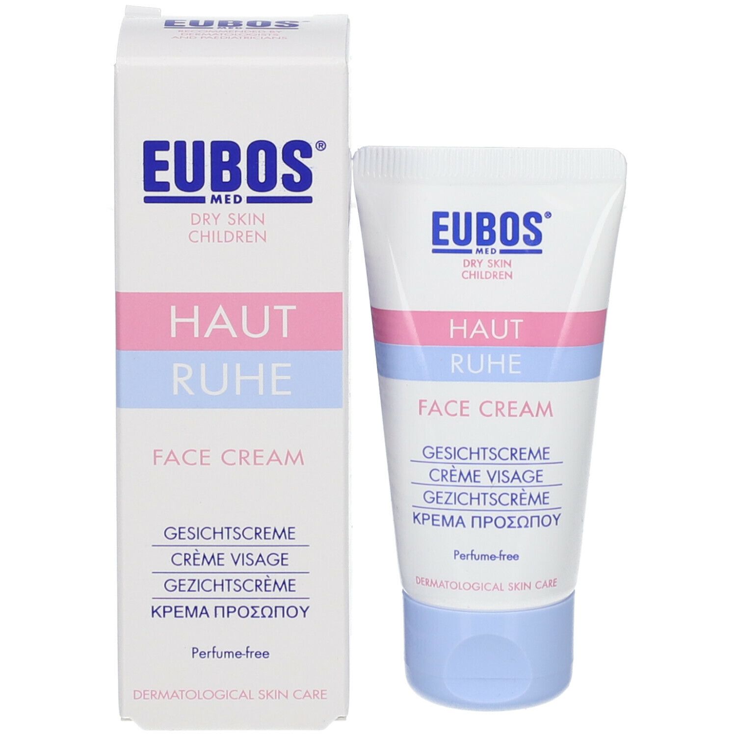 Tube et emballage de crème Eubos Haut Ruhe Visage. Blanc, bleu et rose. Texte: Haut Ruhe, Face Cream, Crème Visage, etc.