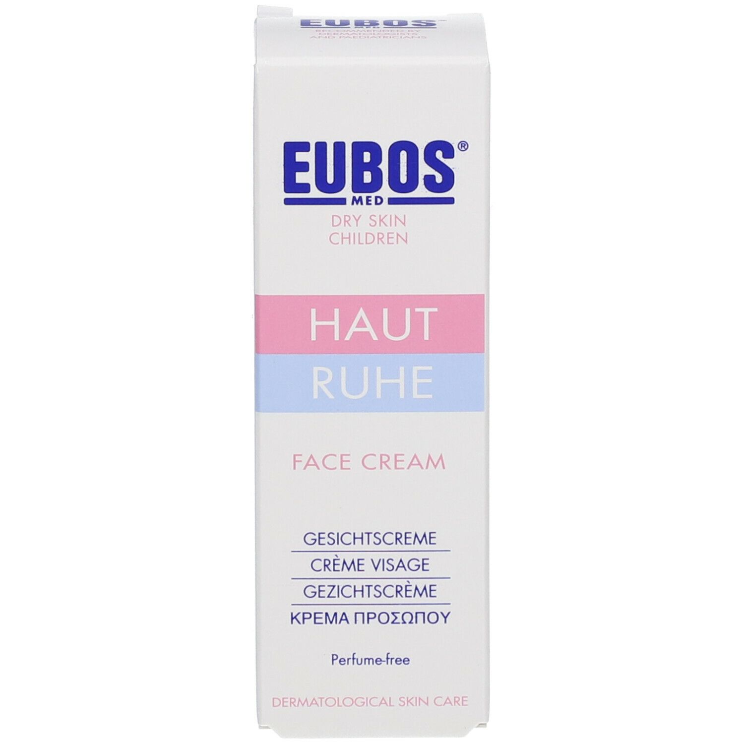 Emballage de la crème Eubos Haut Ruhe Visage. Blanc, bleu et rose. Texte: Haut Ruhe, Face Cream, Crème Visage, etc.