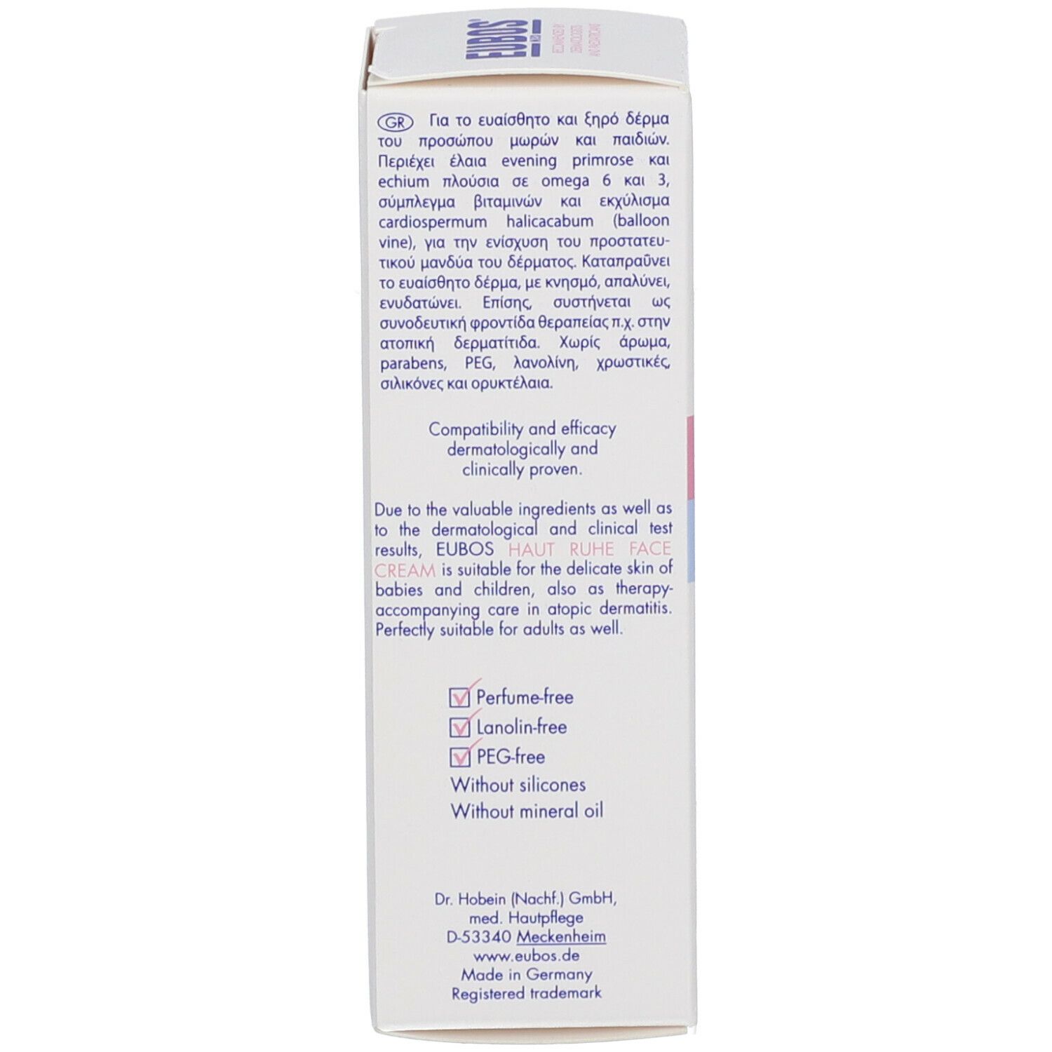 Dos de l'emballage de la crème Eubos Haut Ruhe. Texte multilingue. Informations sur les ingrédients et l'utilisation.
