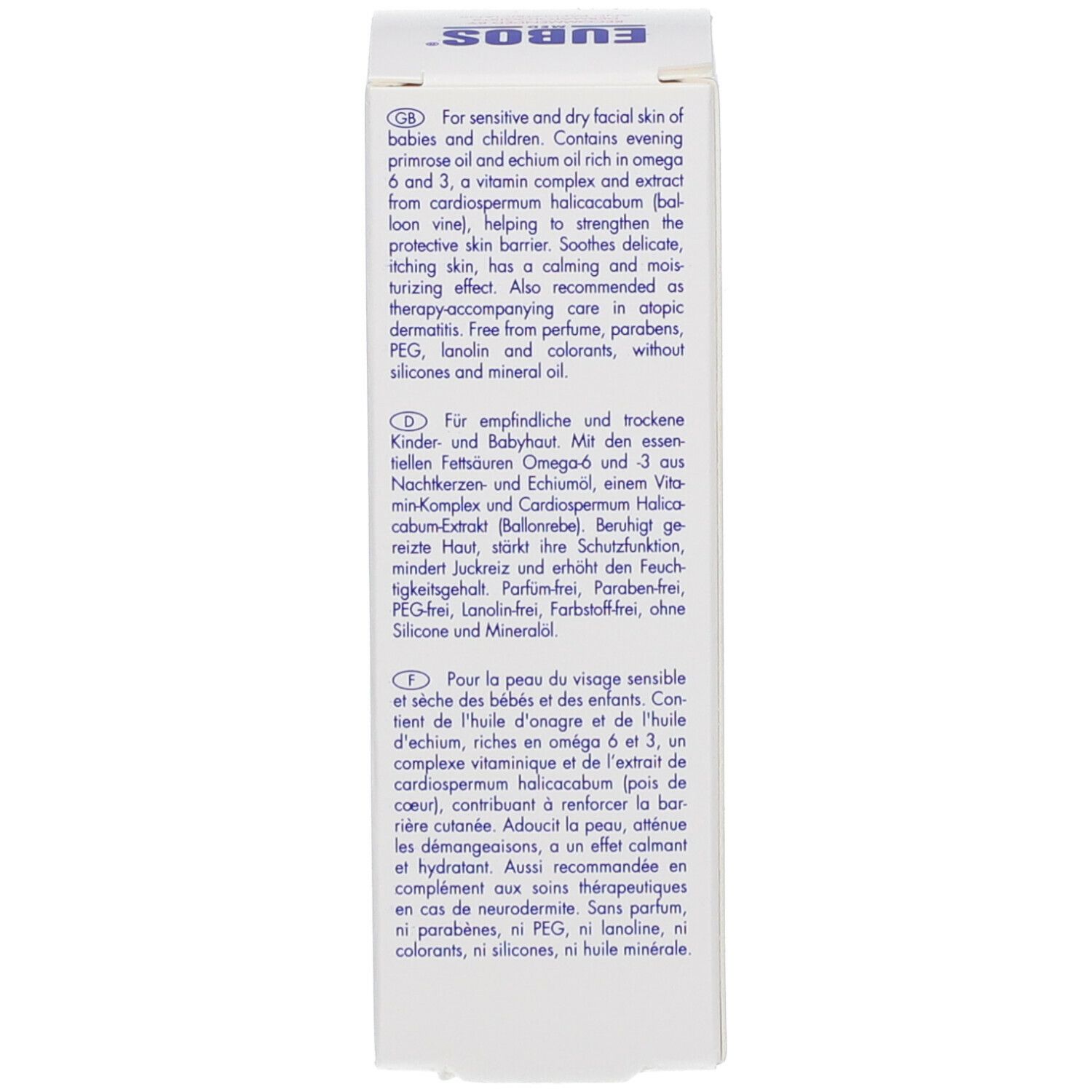 Dos de l'emballage de la crème Eubos Haut Ruhe. Texte multilingue. Informations sur les ingrédients et l'utilisation.
