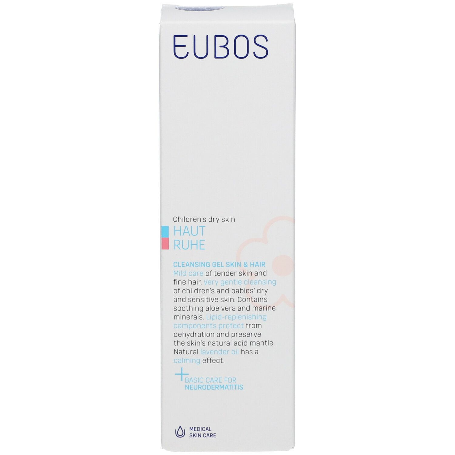 Emballage blanc du produit. Impression: EUBOS, Haut Ruhe. Pour peaux sèches d'enfants. Soin médical de la peau.