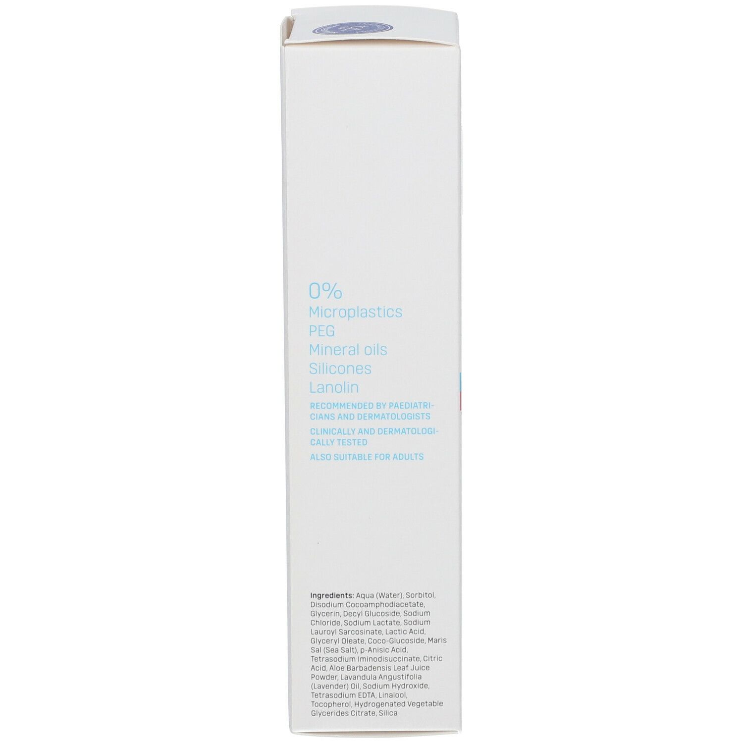 Dos de l'emballage du produit. Texte: 0% microplastiques, PEG, huiles minérales, silicones. Ingrédients. Pour adultes.