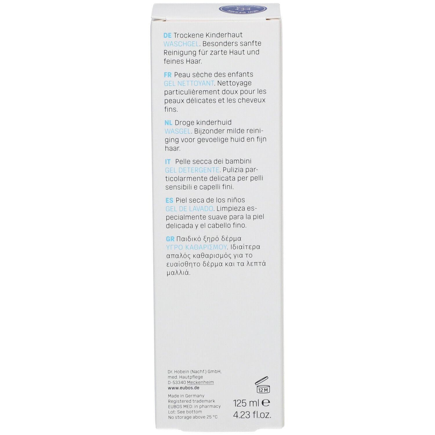 Côté de l'emballage du produit. Texte: Nettoyage pour peaux délicates et cheveux fins. 125 ml. Fabriqué en Allemagne.