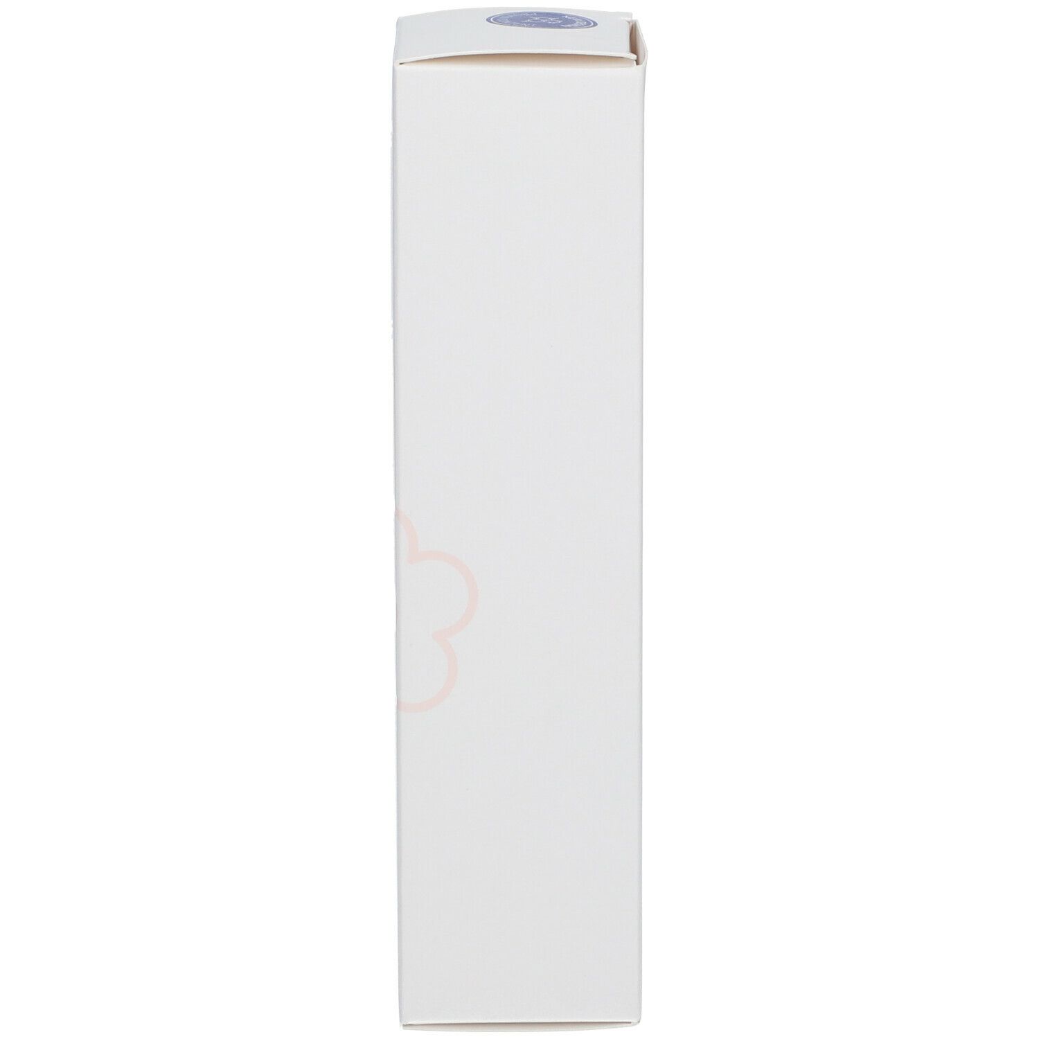 Emballage blanc du produit, vue latérale. Motif floral rose.