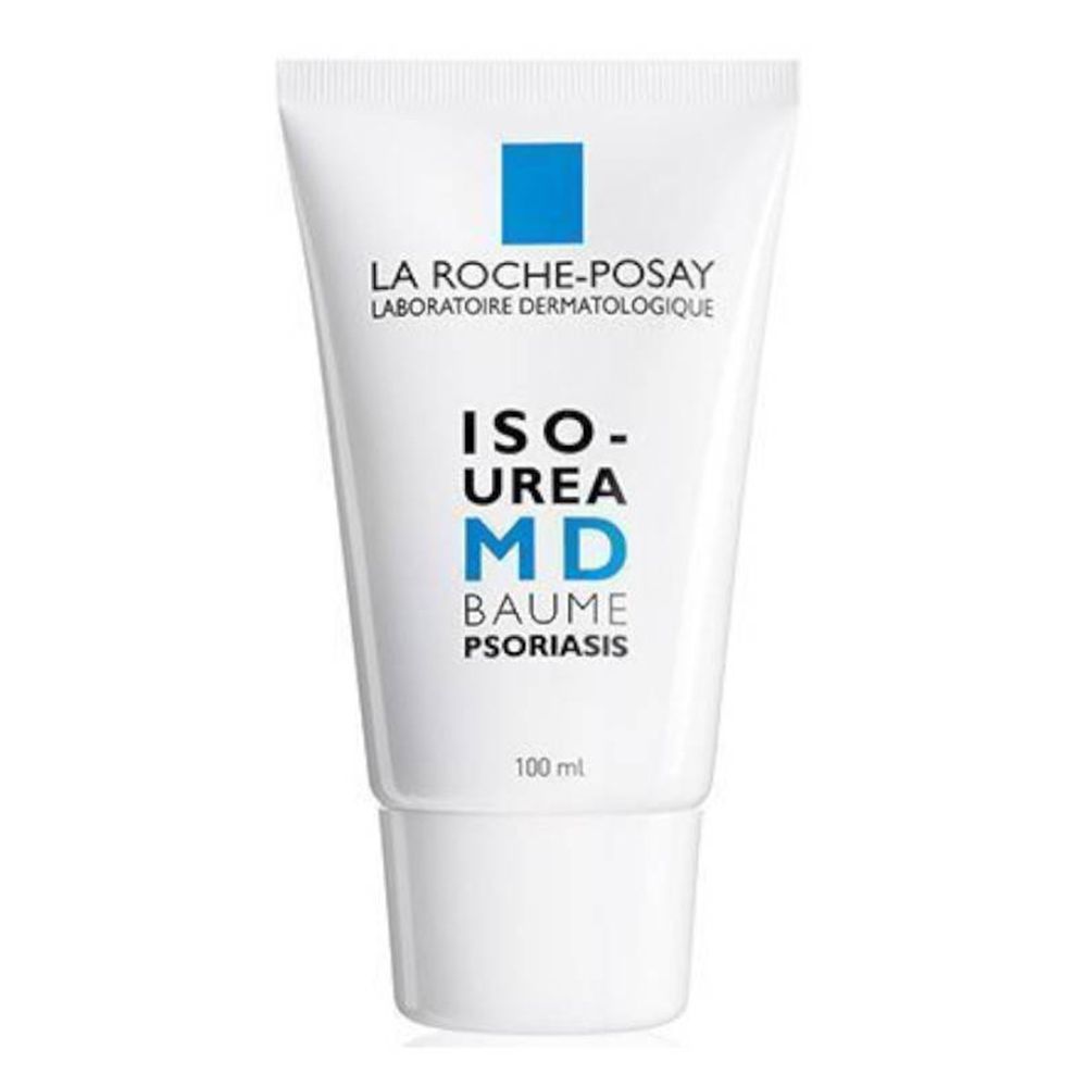Tube blanche avec texte bleu. Inscription: La Roche-Posay, ISO-UREA MD Baume Psoriasis. 100 ml.