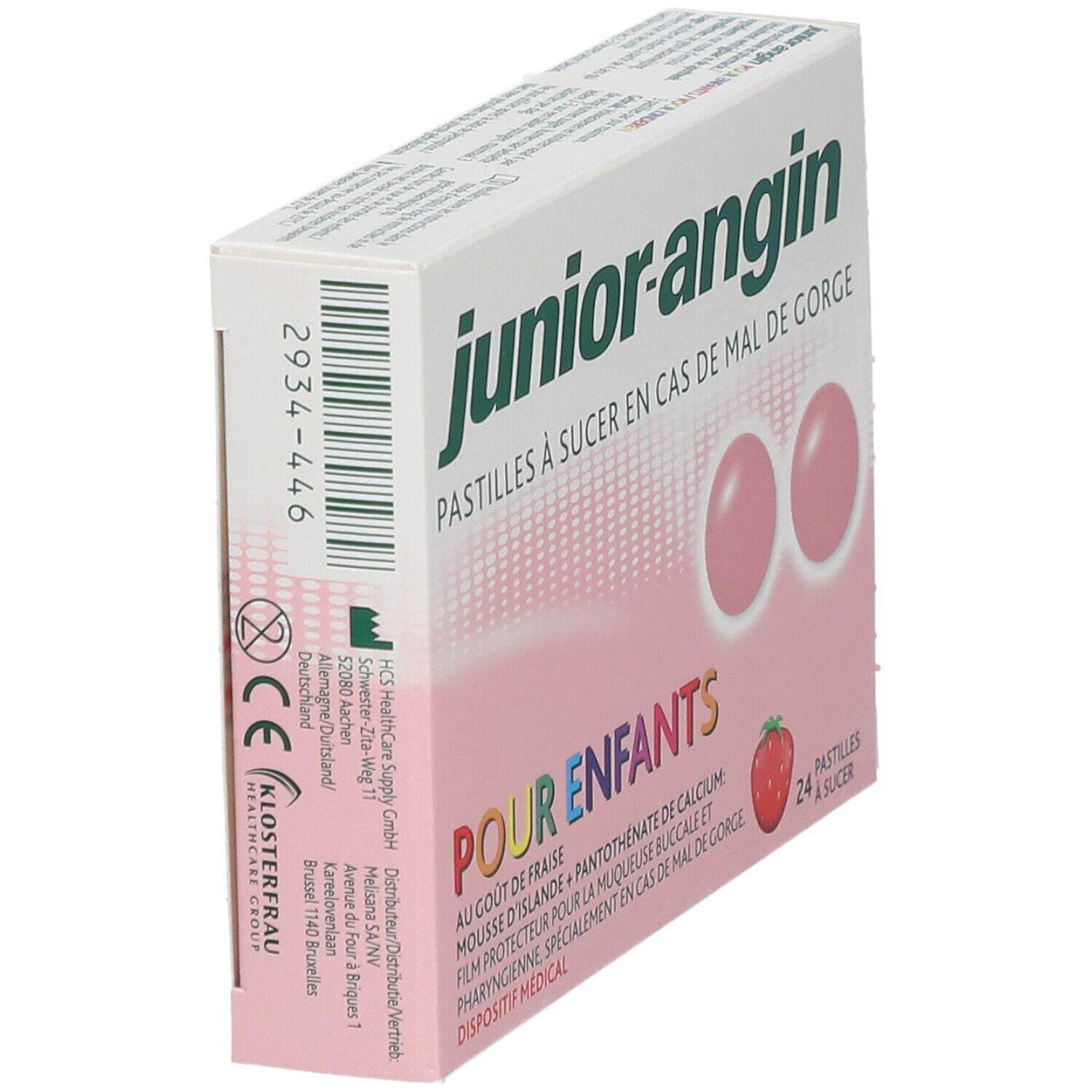 Packung junior-angin Pastillen für Kinder. Seitenansicht. Erdbeergeschmack. 24 Pastillen. Rosa Pastillen-Abbildung.