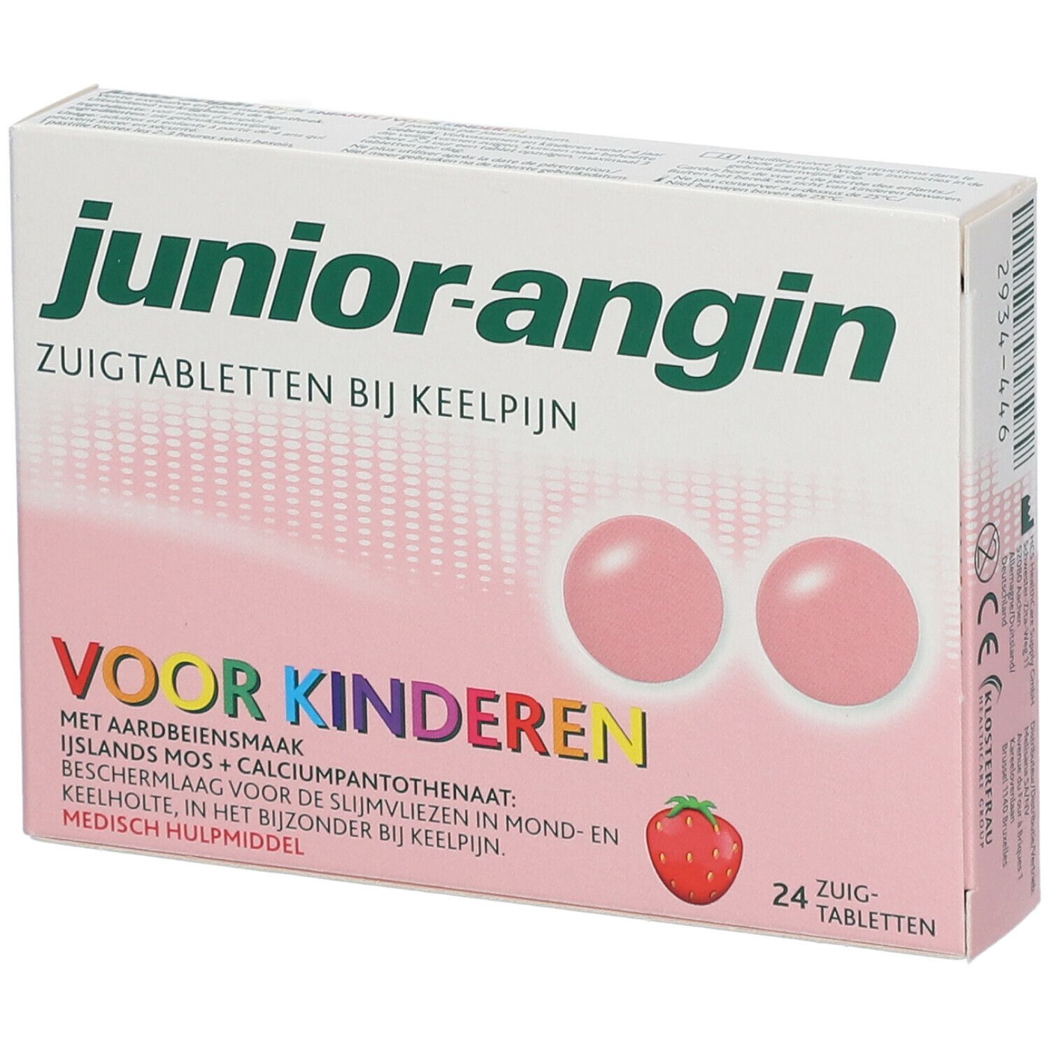 Packung junior-angin Pastillen für Kinder. Erdbeergeschmack. 24 Pastillen. Rosa Pastillen-Abbildung.