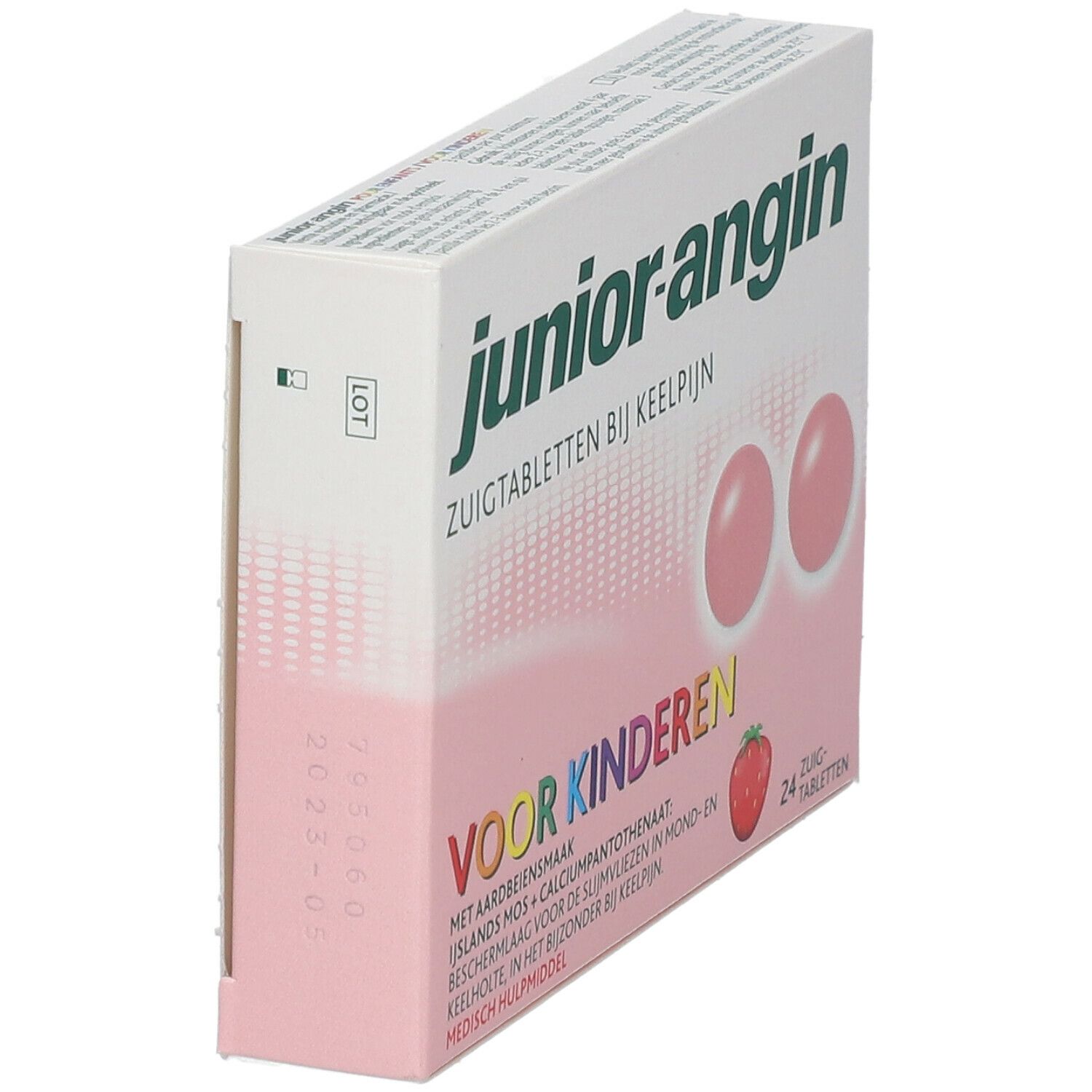 Packung junior-angin Pastillen für Kinder. Seitenansicht. Erdbeergeschmack. 24 Pastillen. Rosa Pastillen-Abbildung.