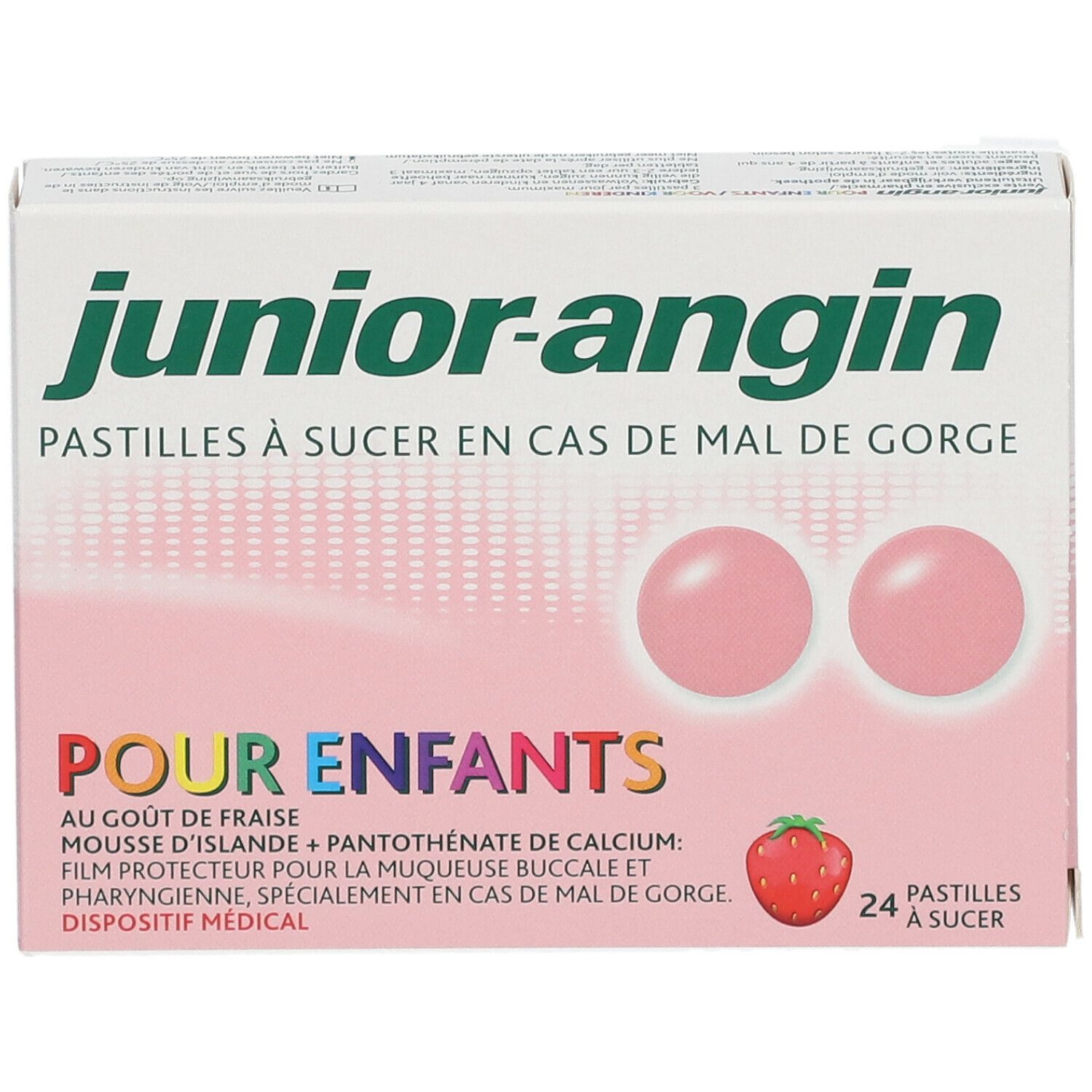 Packung junior-angin Pastillen für Kinder. Erdbeergeschmack. 24 Pastillen. Rosa Pastillen-Abbildung.
