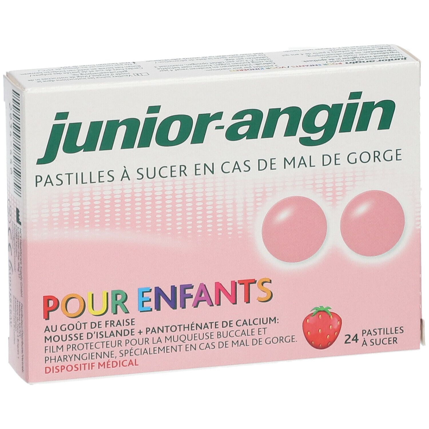 Packung junior-angin Pastillen für Kinder. Erdbeergeschmack. 24 Pastillen. Rosa Pastillen-Abbildung.