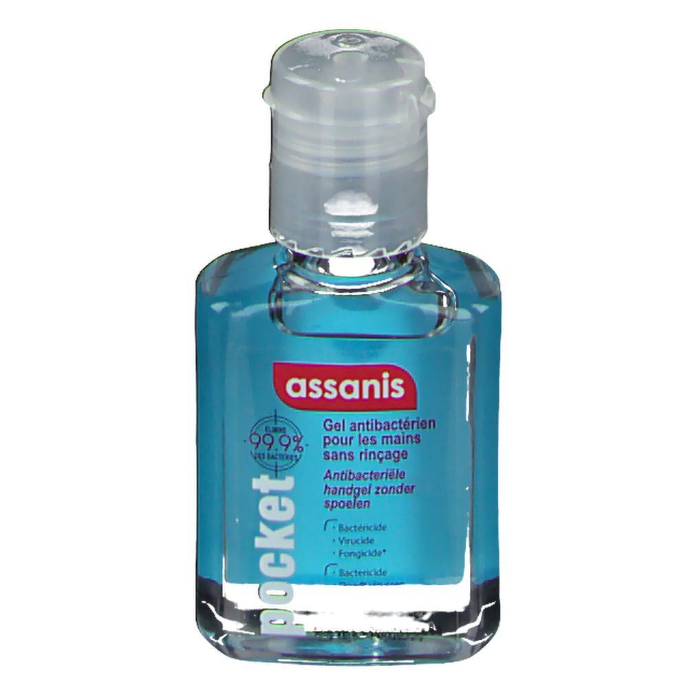 Flacon carré transparent contenant un gel bleu. Bouchon rabattable. Inscriptions: assanis, pocket, Gel antibactérien.