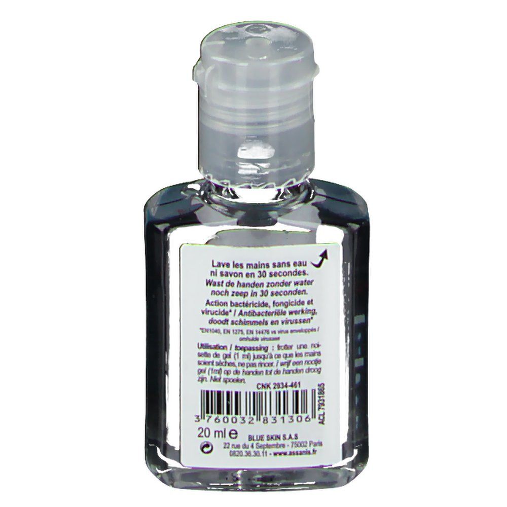 Dos du flacon carré. Texte: Lave les mains sans eau, Action bactéricide, 20 ml, Code-barres.