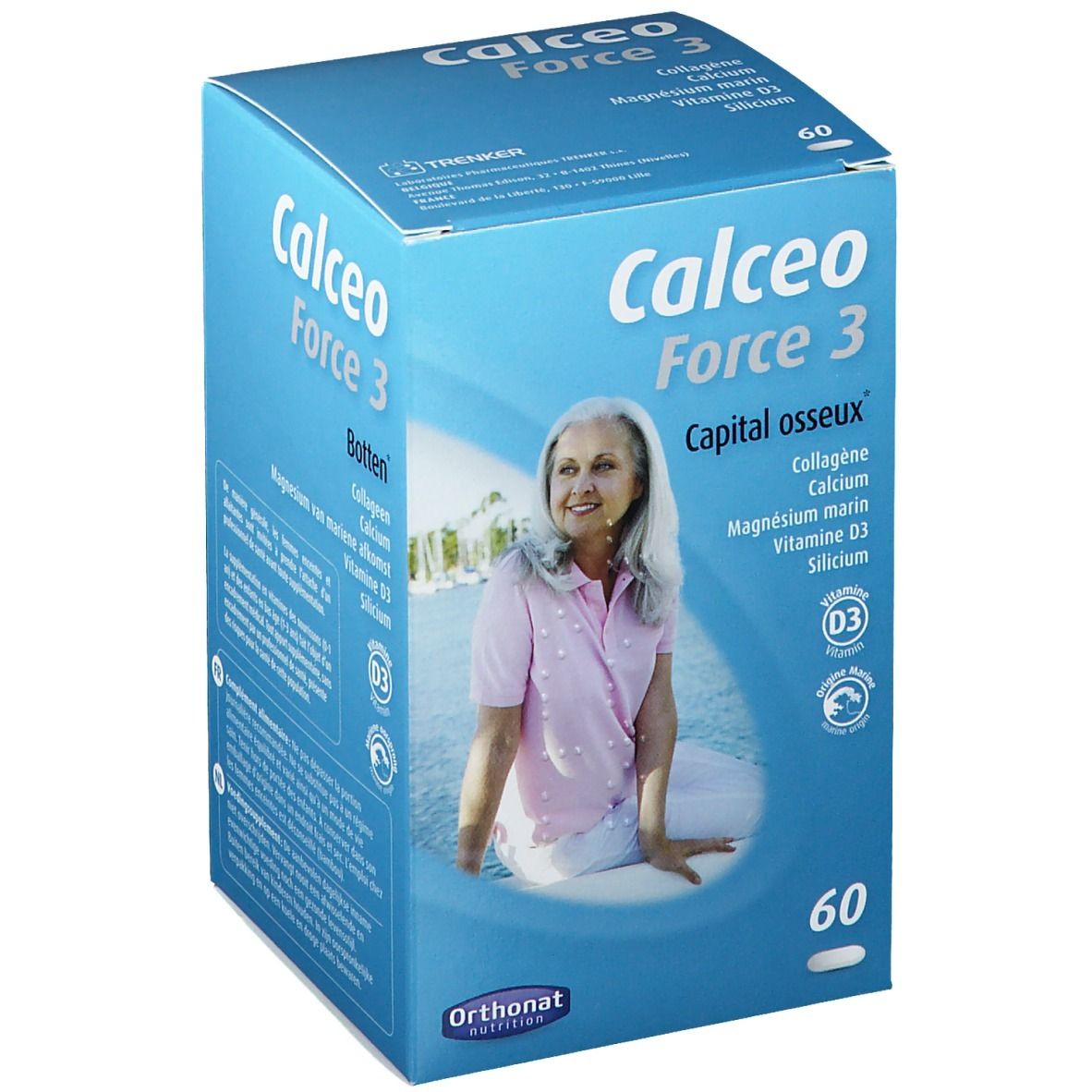 Boîte bleue "Calceo Force 3". Contient collagène, calcium, magnésium, vitamine D3, silicium. 60 comprimés. Orthonat Nutrition.